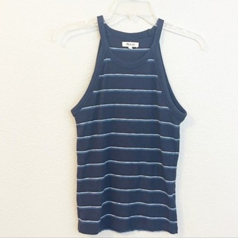 Madewell High Neck Striped Tank Top Navy Blue Ribbed Cotton Modal Sleeveless